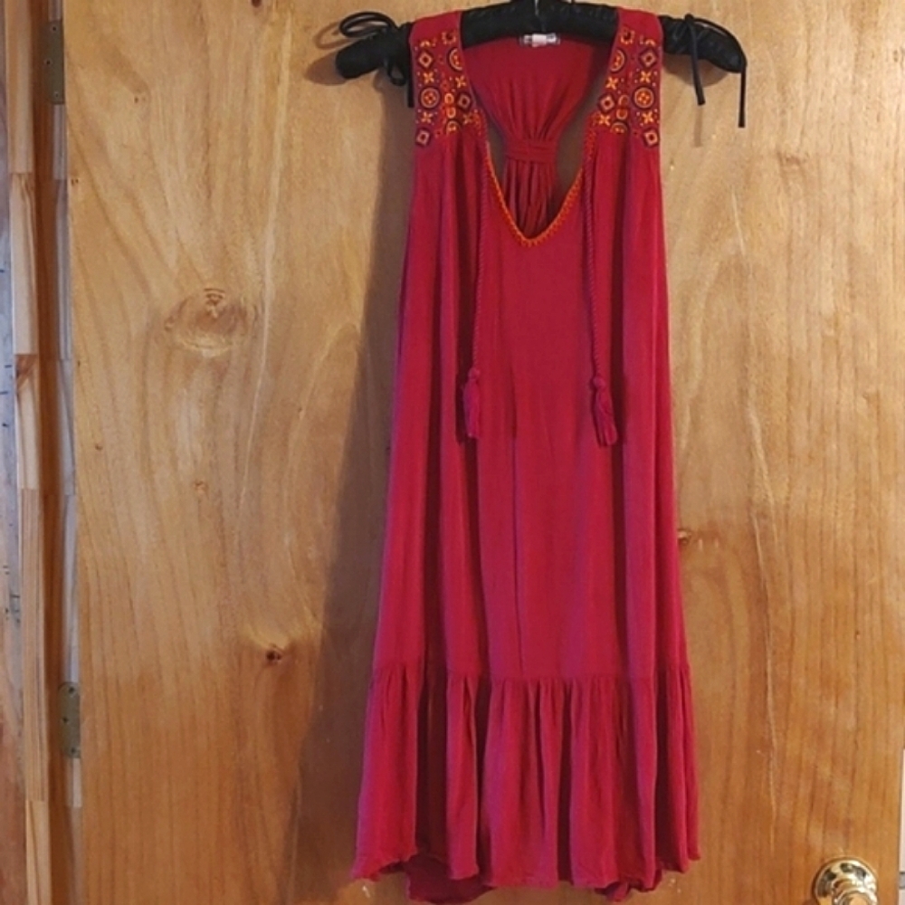 Bohemian Pink Embroidered Sleeveless Mini Dress